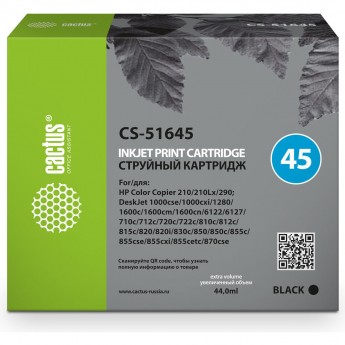 Струйный картридж CACTUS CS-51645 (HP 45) для HP Color Copier 110, 290; DesignJet 750; DeskJet 930, 950, 970, 980, 990, 1000, 1100, 1180, 1220, 1280, 1600, 6122; OfficeJet g55, k60; PhotoSmart 1215, 1315, p1000; Fax-1220, черный, 44 мл