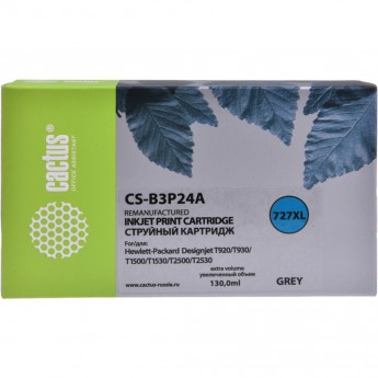 Струйный картридж CACTUS CS-B3P24A (HP 727) для HP DesignJet T920 ePrinter (CR354A), T930, T1500 ePrinter (CR356A), T1500 PostScript (CR357A), T1530, T2500 eMFP (CR358A), T2530, увеличенной емкости, серый, 130 мл