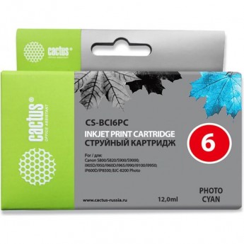 Струйный картридж CACTUS CS-BCI6PC (BCI-6PC) для Canon S800, S820, S900, S9000, i550, i560, i860, i865, i905d, i950s, i960x, i965, i990, i9100, i9950, JX500, MP750, MP760, iP600d, iP3000, iP600d, iP8500, BJC8200, светло-голубой, 12 мл