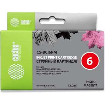 Струйный картридж CACTUS CS-BCI6PM (BCI-6PM) для Canon S800, S820, S900, S9000, i550, i560, i860, i865, i905d, i950s, i960x, i965, i990, i9100, i9950, JX500, MP750, MP760, iP600d, iP3000, iP600d, iP8500, BJC8200, светло-пурпурный, 12 мл