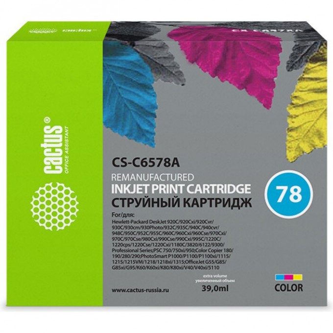 Струйный картридж CACTUS (HP 78XL) для HP DeskJet 916, 920, 940, 1180, 1220, 3810, 9300; OfficeJet 5105, 5110, G85, K80, V45; PhotoSmart 1100, 1215, 1315, P1100; PSC 720, 950; Fax 1220, увеличенной емкости, цветной, 39 мл CS-C6578A