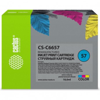 Струйный картридж CACTUS CS-C6657 (HP 57) для HP DeskJet 450, 5150, 5650, 5850, 9680; OfficeJet 4110, 4215, 5510, 5610, 6110; PhotoSmart 7260, 7350, 7450, 7660, 7760, 7960; PSC 1110, 1210, 1315, 2110, 2210, 2410, 2510, цветной, 18 мл