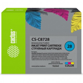 Струйный картридж CACTUS CS-C8728 (HP 28) для HP DeskJet 3320, 3420, 3520, 3535, 3550, 3645, 3650, 3740, 3840, 5150, Fax 1240, OfficeJet 4105, 4110, 4211, 4251, 5500, 5510, PSC 1110, 1200, 1210, 1310, 1340, 1350, цветной, 18 мл