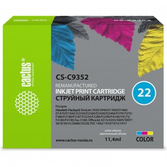 Струйный картридж CACTUS CS-C9352 (HP 22) для HP DeskJet 3920, 3940, D1300, D1400, D1560, D2360, D2400, F300, F2100, F2280, F2290, F4172; OfficeJet 1410, 4300, 4352, J3680, J5520; PSC 1400, 1410, цветной, 11,4 мл