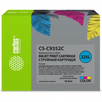 Струйный картридж CACTUS CS-C9352C (HP 22XL) для HP DeskJet 3920, 3940, D1300, D1400, D1560, D2360, D2400, F300, F2100, F2280, F2290, F4172; OfficeJet 1410, 4300, 4352, J3680, J5520; PSC 1400, увеличенной емкости, цветной, 18 мл