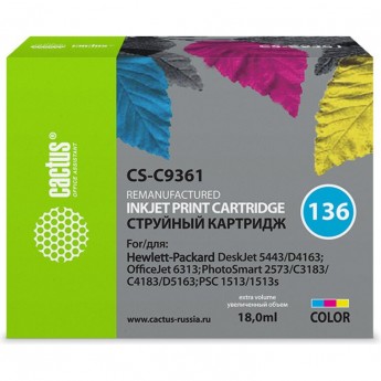 Струйный картридж CACTUS CS-C9361 (HP 136) для HP DeskJet 5400, 5440, D4160, D4163; OfficeJet 6310, 6315; PhotoSmart 2575, 7850, C3110, C3125, C3140, C3170, C3190, C4110, C4140, C4150, C4170, C4190; PSC 1503, 1510, 1513, цветной, 18 мл