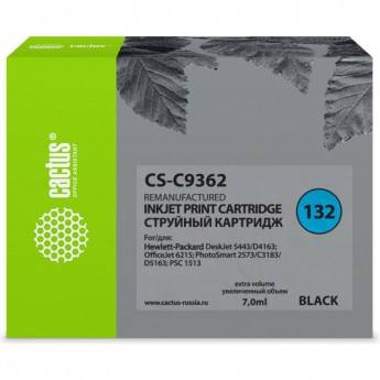 Струйный картридж CACTUS CS-C9362 (HP 132) для HP DeskJet 5400, 5440, D4160, D4163; OfficeJet 6310, 6315; PhotoSmart 2575, 7850, C3110, C3125, C3140, C3170, C3190, C4110, C4140, C4150, C4170, C4190; PSC 1503, 1510, 1513, черный, 7 мл