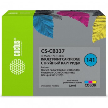 Струйный картридж CACTUS CS-CB337 (HP 141) для HP DeskJet D4263, D4363; OfficeJet J5783, J6413; PhotoSmart C4200, C4225, C4240, C4250, C4270, C4280, C4343, C4380, C4473, C4483, C4583, C5200, C5280, D5300, D5360, цветной, 9 мл