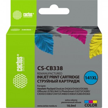 Струйный картридж CACTUS CS-CB338 (HP 141XL) для HP DeskJet D4263, D4363; OfficeJet J5783, J6413; PhotoSmart C4200, C4225, C4250, C4270, C4343, C4380, C4473, C4483, C4583, C5200, C5280, D5300, увеличенной емкости, цветной, 18 мл