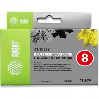 Струйный картридж CACTUS CS-CLI8Y (CLI-8Y) для Canon Pixma iP4200, iP4300, iP4500, iP5100, iP5300, iP6600, iP6700, iP7500, iP7600, MP500, MP530, MP600, MP800, MP810, MP830, MP950, MP970, MX850, PRO-9000, желтый, 12 мл