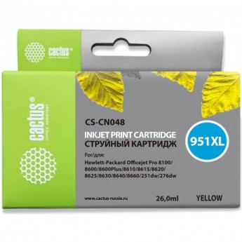 Струйный картридж CACTUS CS-CN048 (HP 951XL) для HP OfficeJet 251dw Pro, 276dw Pro, 8100 Pro, 8100e, 8600 Pro (N911a), 8600 Pro Plus (N911g), 8610 Pro (A7F64A), 8615 Pro, 8616 Pro, 8620 Pro (A7F65A), увеличенной емкости, желтый, 26 мл