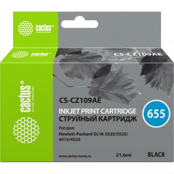 Струйный картридж CACTUS CS-CZ109AE (HP 655) для HP DeskJet Ink Advantage 3525, Ink Advantage 4615, Ink Advantage 4625, Ink Advantage 5520 series, Ink Advantage 5525, Ink Advantage 6525, черный, 21,6 мл