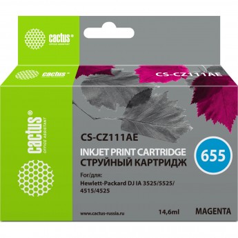 Струйный картридж CACTUS CS-CZ111AE (HP 655) для HP DeskJet Ink Advantage 3525, Ink Advantage 4615, Ink Advantage 4625, Ink Advantage 5520 series, Ink Advantage 5525, Ink Advantage 6525, пурпурный, 14,6 мл