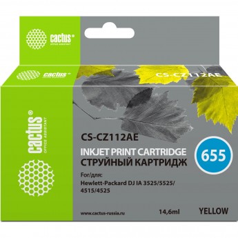 Струйный картридж CACTUS CS-CZ112AE (HP 655) для HP DeskJet Ink Advantage 3525, Ink Advantage 4615, Ink Advantage 4625, Ink Advantage 5520 series, Ink Advantage 5525, Ink Advantage 6525, желтый, 14,6 мл