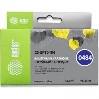 Струйный картридж CACTUS CS-EPT0484 (T0484) для принтеров Epson PM A870, D770; Epson Stylus Photo R200, R210, R220, R300, R300M, R310, R320, R330, R340, R350, RX300, RX320, RX500, RX510, RX600, RX620, RX630, RX640, желтый, 14,4 мл