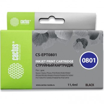 Струйный картридж CACTUS CS-EPT0801 (T0801) для принтеров Epson Stylus Photo P50, PX650, PX660, PX700, PX700w, PX710, PX720, PX800, PX800fw, PX810, PX820, R265, R285, R360, RX560, RX585, RX685, черный, 11,4 мл