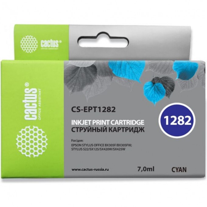 Струйный картридж CACTUS (T1282) для Epson Stylus Office BX305; Epson Stylus S22, S125, SX125, SX130, SX230, SX235, SX235w, SX420, SX420w, SX425, SX430, SX430w, SX435, SX438, SX438w, SX440, SX445we, голубой, 7 мл CS-EPT1282