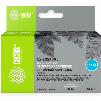 Струйный картридж CACTUS CS-L0S70AE (HP 953XL) для HP OfficeJet 7720 Pro, 7730 Pro, 7740 Pro, 8210 Pro, 8218 Pro, 8710 Pro, 8715 Pro, 8716 Pro, 8720 Pro, 8725 Pro, 8728 Pro, 8730 Pro, 8740 Pro, увеличенной емкости, черный, 58 мл