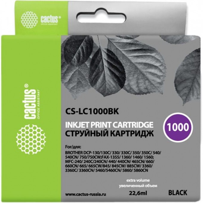 Струйный картридж CACTUS (LC1000BK) для принтеров Brother DCP-130c, 330c, 350c, 357c, 540cn, 560cn, 750cw, 770cw, MFC-240c, 440cn, 465cn, 660cn, 680cn, 845cw, 885cw, 3360c, 5460cn, черный, 22,6 мл CS-LC1000BK