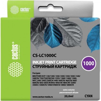 Струйный картридж Cactus CS-LC1000C (LC1000C) для принтеров Brother DCP-130c, 330c, 350c, 357c, 540cn, 560cn, 750cw, 770cw, MFC-240c, 440cn, 465cn, 660cn, 680cn, 845cw, 885cw, 3360c, 5460cn, голубой, 20 мл