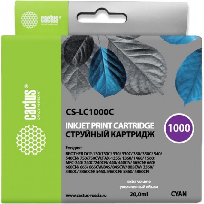 Струйный картридж Cactus (LC1000C) для принтеров Brother DCP-130c, 330c, 350c, 357c, 540cn, 560cn, 750cw, 770cw, MFC-240c, 440cn, 465cn, 660cn, 680cn, 845cw, 885cw, 3360c, 5460cn, голубой, 20 мл CS-LC1000C