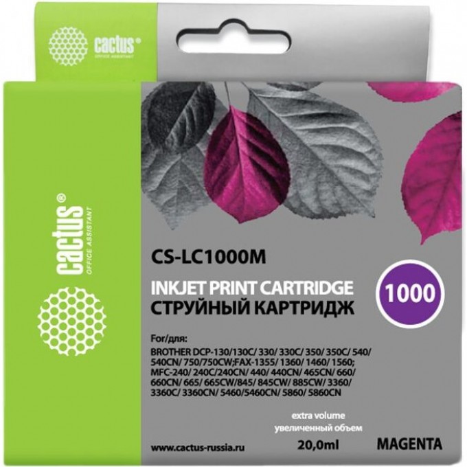 Струйный картридж CACTUS (LC1000M) для принтеров Brother DCP-130c, 330c, 350c, 357c, 540cn, 560cn, 750cw, 770cw, MFC-240c, 440cn, 465cn, 660cn, 680cn, 845cw, 885cw, 3360c, 5460cn, пурпурный, 20 мл CS-LC1000M