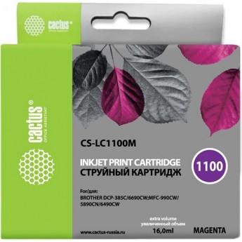 Струйный картридж CACTUS CS-LC1100M (LC1100M) для принтеров Brother DCP-185c, 383c, 385c, 387c, 395cn, 585cw, J715w, 6690cw, MFC-490cw, J615w, 790cw, 795cw, 990cw, 5490cn, 5890cn, 5895cw, 6490c, пурпурный, 16 мл