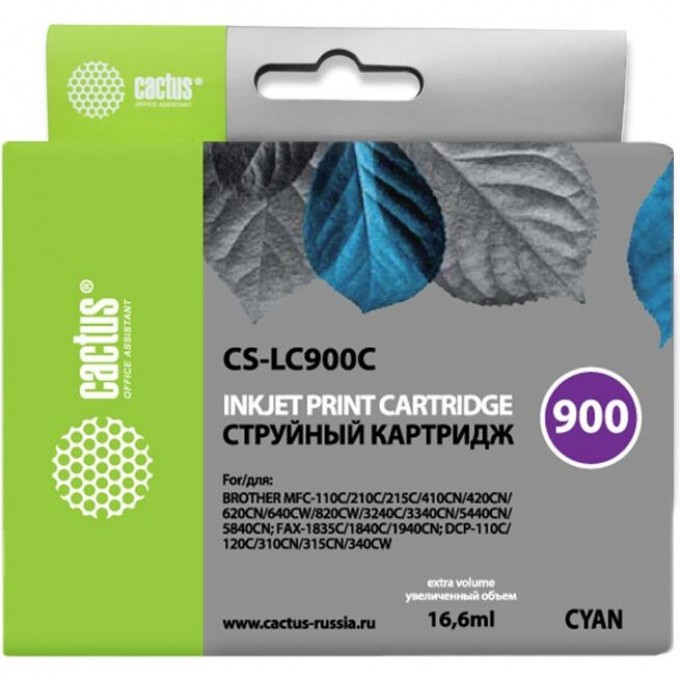 Струйный картридж CACTUS (LC900C) для принтеров Brother DCP-110c, 115c, 117c, 120c, 310cn, 315cn, 340cw, MFC-210c, 215c, 3240c, 3340cn, 410cn, 425cn, 5440cn, 5840cn, 620cn, 640cw, голубой, 16,6 мл CS-LC900C