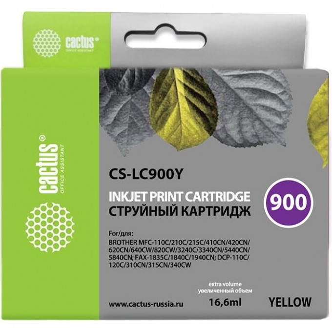 Струйный картридж CACTUS (LC900Y) для принтеров Brother DCP-110c, 115c, 117c, 120c, 310cn, 315cn, 340cw, MFC-210c, 215c, 3240c, 3340cn, 410cn, 425cn, 5440cn, 5840cn, 620cn, 640cw, желтый, 16,6 мл CS-LC900Y