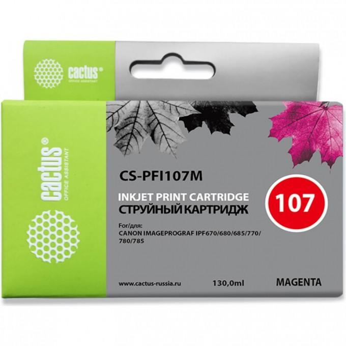 Струйный картридж CACTUS (PFI-107M) для Canon ImagePrograf iPF670, iPF670 MFP L24, iPF680, iPF681, iPF685, iPF686, iPF770, iPF770 MFP L36, iPF780, iPF780 MFP M40, iPF781, iPF785, iPF785 MFP M40, iPF786, пурпурный, 130 мл CS-PFI107M