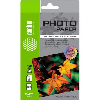 Фотобумага CACTUS CS-MA6190100, формат А6, 190г/м2, белая Фотобумага CACTUS CS-MA6190100, формат А6, 190г/м2, белая