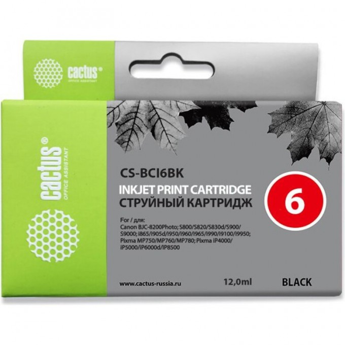 Струйный картридж CACTUS (BCI-6BK) для Canon i905d, i950s, i960x, i965, i990, i9100, i9950, S800, S820, S900, S9000, iP600d, iP8500, JX500, MP750, MP760, BJC8200, черный, 12 мл CS-BCI6BK