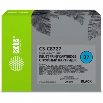 Струйный картридж CACTUS CS-C8727 (HP 27) для HP DeskJet 3320, 3420, 3520, 3535, 3550, 3645, 3650, 3740, 3840, 5150, OfficeJet 4211, 4251, 4311, 4352, 5600, 5610, PSC 1310, 1340, 1350, черный, 20 мл