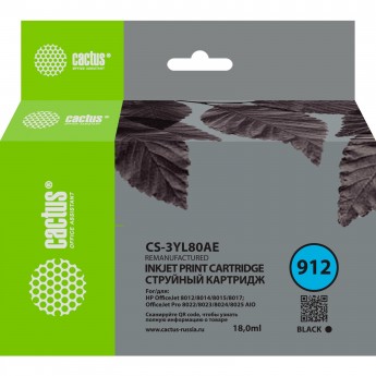 Струйный картридж CACTUS CS-3YL80AE (HP 912), для HP OfficeJet 8010, 8012, 8013, 8014, 8015, 8020, 8025, черный, 18 мл