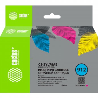 Струйный картридж CACTUS CS-3YL78AE (HP 912) для HP OfficeJet 8010, 8012, 8013, 8014, 8015, 8020, 8025, пурпурный, 5 мл