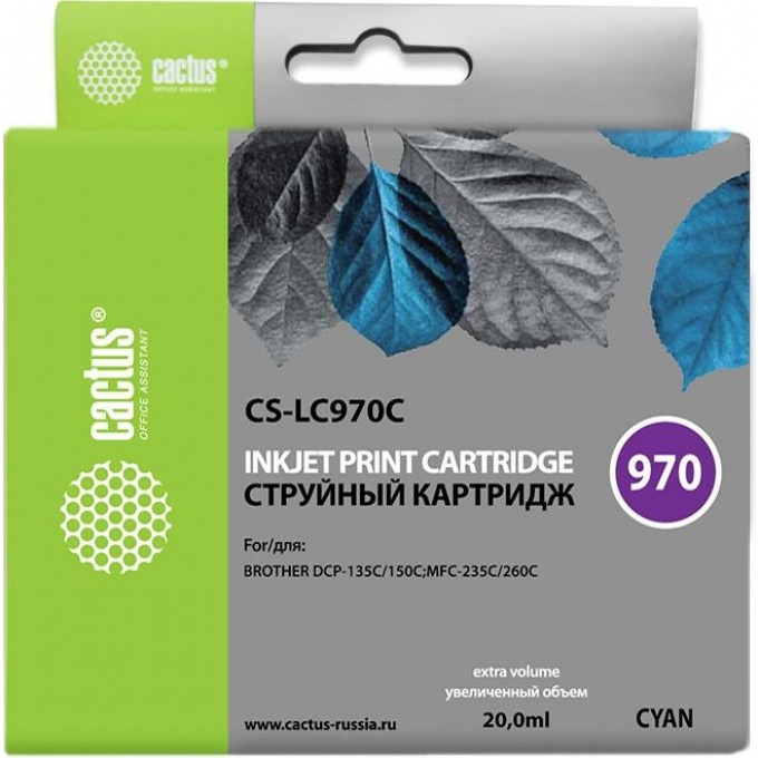 Струйный картридж CACTUS (LC970C) для принтеров Brother DCP 135, DCP 135c, DCP 150, DCP 150c, DCP 153c, DCP 157c, DCP 750cn, MFC 235, MFC 235c, MFC 260, MFC 260c, голубой, 20 мл CS-LC970C