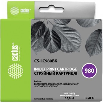 Струйный картридж CACTUS CS-LC980BK (LC980BK) для принтеров Brother DCP-145c, 163c, 165c, 167c, 195c, 197c, 365cn, 375cw, 377cw, MFC-250c, 255cw, 257cw, 290c, 295cn, 297c, черный, 16 мл