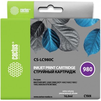 Струйный картридж CACTUS CS-LC980C (LC980C) для принтеров Brother DCP-145c, 163c, 165c, 167c, 195c, 197c, 365cn, 375cw, 377cw, MFC-250c, 255cw, 257cw, 290c, 295cn, 297c, голубой, 16 мл