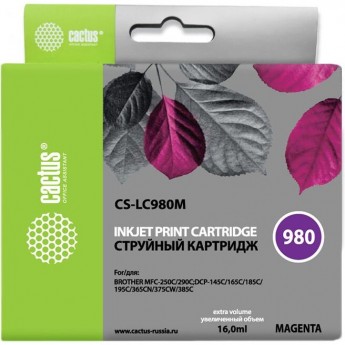 Струйный картридж CACTUS CS-LC980M (LC980M) для принтеров Brother DCP-145c, 163c, 165c, 167c, 195c, 197c, 365cn, 375cw, 377cw, MFC-250c, 255cw, 257cw, 290c, 295cn, 297c, пурпурный, 16 мл