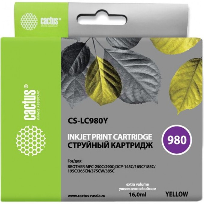 Струйный картридж CACTUS (LC980Y) для принтеров Brother DCP-145c, 163c, 165c, 167c, 195c, 197c, 365cn, 375cw, 377cw, MFC-250c, 255cw, 257cw, 290c, 295cn, 297c, желтый, 16 мл CS-LC980Y