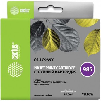 Струйный картридж CACTUS CS-LC985Y (LC985Y) для принтеров Brother DCP J125, DCP J140w, DCP J315, DCP J315w, DCP J515, DCP J515w, MFC J220, MFC J265, MFC J265w, MFC J410, MFC J415w, желтый, 15 мл Струйный картридж CACTUS CS-LC985Y (LC985Y) для принтеров Brother DCP J125, DCP J140w, DCP J315, DCP J315w, DCP J515, DCP J515w, MFC J220, MFC J265, MFC J265w, MFC J410, MFC J415w, желтый, 15 мл