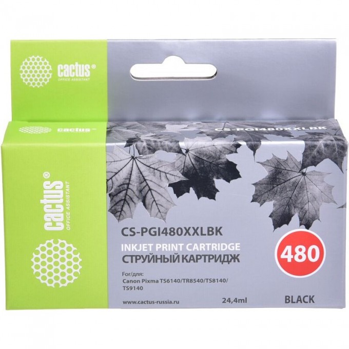 Струйный картридж CACTUS (PGI-480PGBK XXL) для Canon Pixma TR7540, TR8540, TS6140, TS8140, TS9140, TS704, черный, 24,4 мл CS-PGI480XXLBK